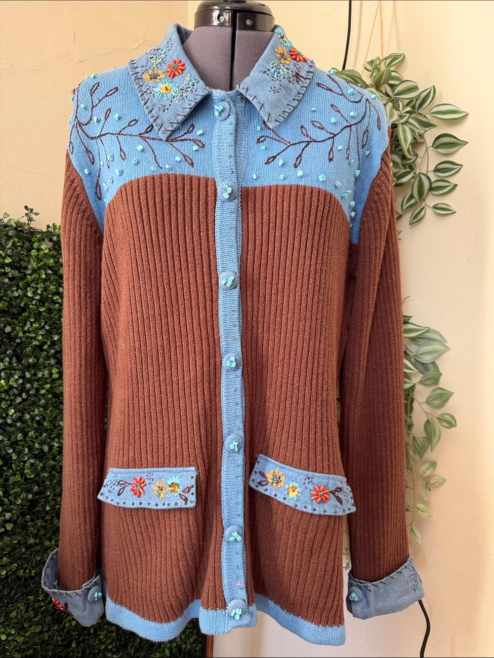 Storybook Knits Blue & Brown Embroidered Ribbed Cardigan